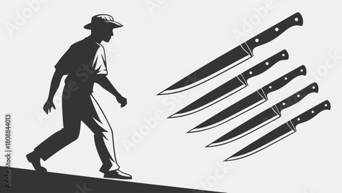 Man Walking Uphill Facing Sharp Knives. Overcoming Business Challenges, Competitive Risks, and Adversity.