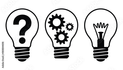 Three black and white icons of light bulbs one with a question mark one with gears and one with a filament