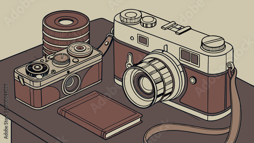 Illustrated Vintage Film Cameras and Analog Photography Equipment for Creative Design and Nostalgic Art Projects