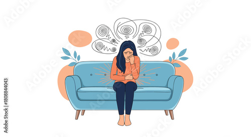 A woman is sitting on a blue couch, with dark squiggles emanating from her head, seemingly deep in negative thoughts, conveying feelings of anxiety or depression.