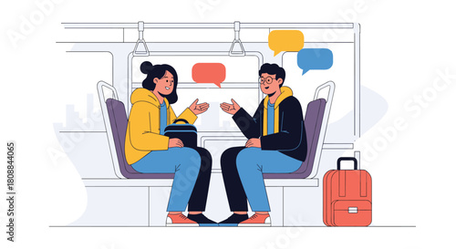 Two diverse friends or colleagues are engaged in a lively conversation on a subway or train, surrounded by speech bubbles indicating dialogue and connection, with a suitcase nearby.