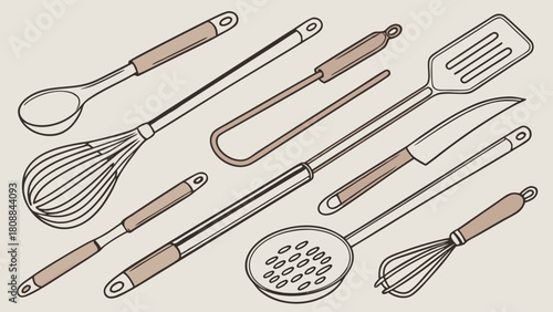 Hand Drawn Kitchen Utensils Set. Line Art Cooking and Baking Tools for Food Blogs, Recipe Websites, and Culinary Projects.