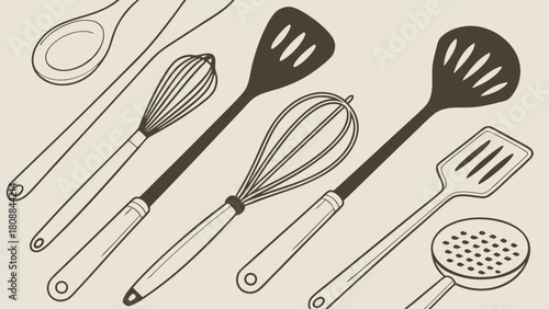 Essential Kitchen Utensils Line Art. Cooking and Baking Tools Illustration for Culinary Websites, Recipe Blogs, and Food Branding.