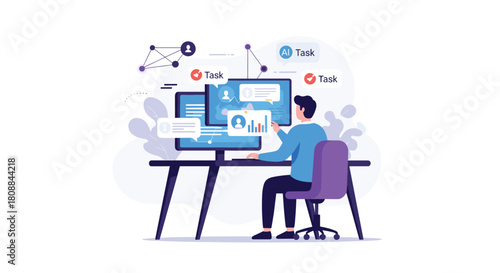 A professional sits at a desk, reviewing tasks on multiple computer screens, interacting with digital workflow and artificial intelligence for efficient project management and teamwork.