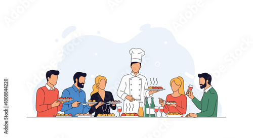 A chef presents a selection of gourmet dishes to a group of diners at a restaurant, showcasing fine dining and culinary expertise.