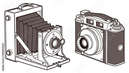 Vintage Cameras Line Art Illustration Classic Retro Photography Equipment for Nostalgic Design Historical Content and Educational Use