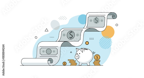 A graphic representation of personal finance and budgeting, with a lengthy document showing dollar notes, illustrating the process of managing expenses and accumulating savings in a piggy bank.