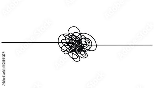 Black scribbled tangle on a horizontal line against a white background chaos confusion