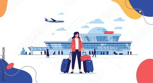 Young woman with luggage at the airport terminal with an airplane flying overhead.