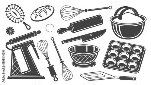 Classic Baking Tools Kitchen Utensils Vector Illustration. Essential Bakery Equipment Set for Food Blogs, Recipe Websites, and Culinary Design.