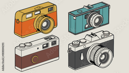 Isometric Illustration of Retro Vintage Film Cameras. Classic Photography Equipment for Creative Design, Nostalgia Marketing, and Artistic Projects.