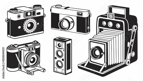 Classic Vintage Retro Cameras Vector Illustration Set. Antique Photography Equipment for Creative Design Projects, Nostalgic Art and Digital Media.