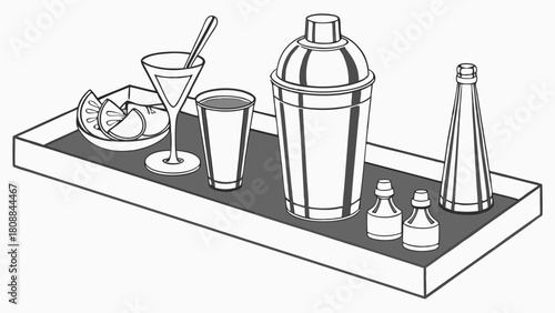 Black and White Cocktail Shaker and Bar Tools on Serving Tray Illustration for Mixology and Home Bar Guides