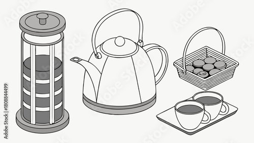 Inviting Cozy Home Cafe Beverage Setup with French Press Kettle Cookies and Coffee Cups for Relaxing Break Time