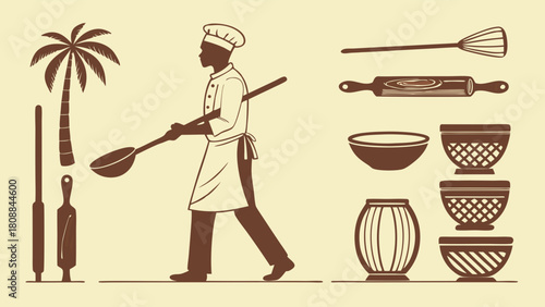Vintage African American Chef Preparing Food with Traditional Cooking Utensils Palm Tree and Cultural Drum for Caribbean Restaurant Bakery Branding