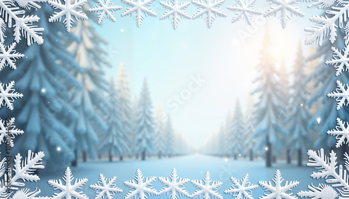 Snowy forest path with decorative snowflake border, serene winter landscape at sunrise