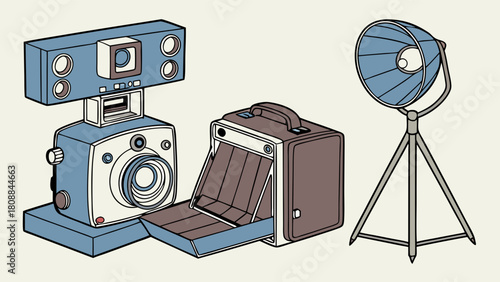 Vintage Instant Camera Photo Studio Equipment Illustration Darkroom Processor Retro Light Creative Photography Setup