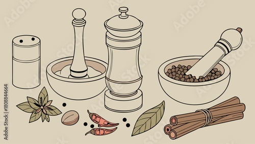 Line Art Spices Herbs and Kitchen Grinding Tools. Aromatic Natural Ingredients for Healthy Cooking, Flavorful Recipes, and Culinary Arts.