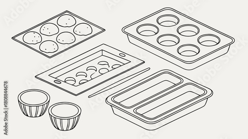 Kitchen Baking Molds and Food Preparation Trays Isometric Line Art Illustration for Recipe Websites Culinary Blogs and Cookware
