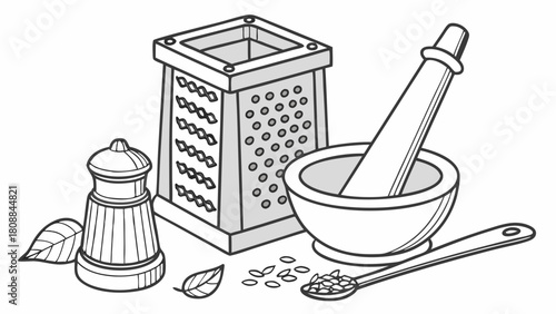 Essential Kitchen Tools and Fresh Ingredients for Culinary Preparation Grater Mortar Pestle Salt Shaker Basil Leaves and Spices for Delicious Homemade Meals