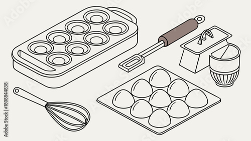 Essential Baking Tools and Fresh Eggs Isometric Line Art for Homemade Dessert Recipes and Culinary Content