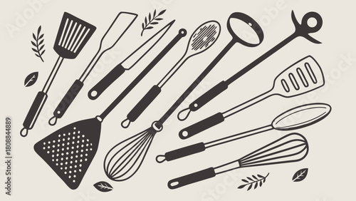 Essential Kitchen Utensils Collection. Cooking and Baking Tools for Home Chefs, Food Bloggers, Culinary Websites, and Restaurant Design.