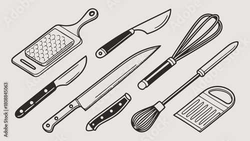 Hand Drawn Kitchen Utensils Set with Knives, Whisk, and Grater. Essential Cooking Tools Line Art for Culinary Blogs, Restaurant Menus, Baking, Food Prep