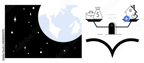Balance concept. Symbolic imagery of scales showing finance, housing, and healthcare with the Earth in space. Balance s harmony in global economy and well-being. For finance, healthcare, housing