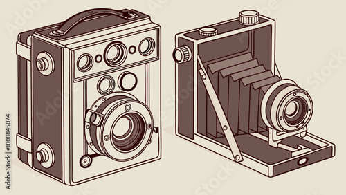 Vintage Box and Folding Cameras Sepia Illustration. Retro Photography Equipment for Nostalgic Design, Creative Projects, History, and Web Content.