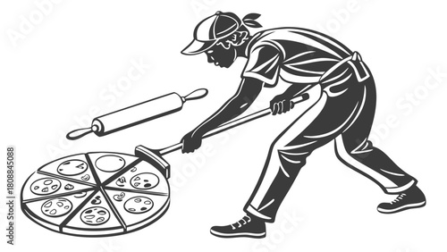 Professional Pizza Chef Preparing Sliced Pizza with Peel and Rolling Pin Vector Illustration for Restaurant and Delivery