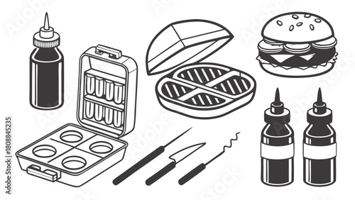 Grilling Tools and Burger Hot Dog Prep Set with Condiments for Summer BBQ Cookouts and Delicious Outdoor Family Meals