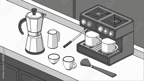 Espresso Machine, Moka Pot, Coffee Cups on Kitchen Counter for Fresh Morning Brew and Cozy Home Lifestyle.