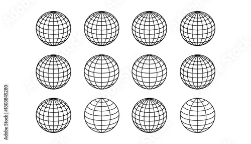 Twelve black outline globes arranged in three rows of four on a white background world earth