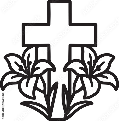 An artistic depiction of a cross, with floral lily blossoms artfully arranged around the cross, showcasing the harmony of faith, nature, and art.