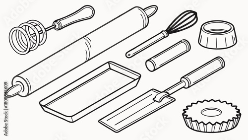 Essential Baking Tools Line Art for Home Kitchen and Professional Patisserie Utensils for Creative Cooking Delicious Desserts and Recipe Blogs