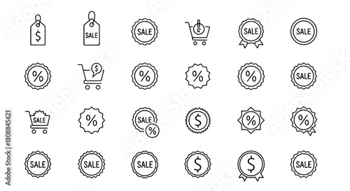Minimalist line art collection of icons featuring sales and discounts with various badges tags and shopping carts for marketing and web design
