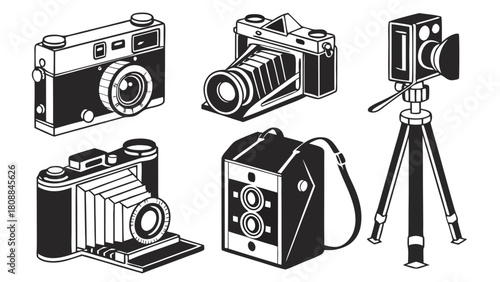 Classic Vintage Photography Cameras and Tripod Vector Icons Set for Retro Design, Creative Media, and Photo Studio Branding
