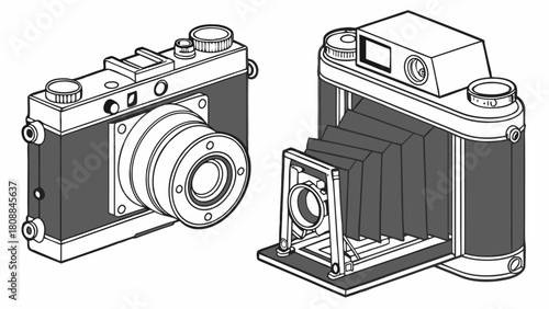 Vintage Rangefinder and Folding Film Cameras Line Art. Retro Photography Gear for Design, History, and Creative Content.