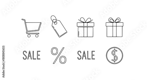 Line art shopping icons collection illustrating sales discounts and gifts simple retail symbols on a clean white canvas for e-commerce design