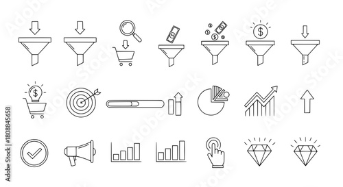 Hand-drawn outline business marketing and data analysis icons illustrating sales funnels goals and growth on a clean white background collection
