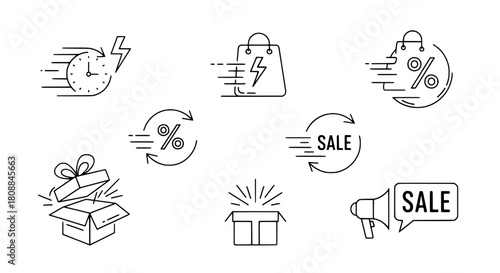 Digital linear marketing promotion icons displaying dynamic concepts within a clean graphic design on a white background ideal for e-commerce advertising resources
