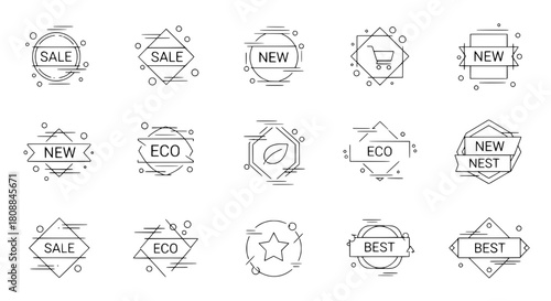 Modern geometric black outline promotional badges displaying various marketing messages on a clean white background isolated as a collection suitable for e-commerce website design or product labeling