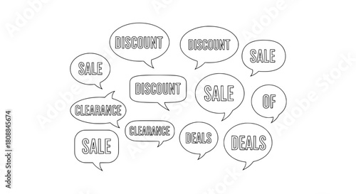 A collection of outlined commercial promotional icons displaying discount sale clearance deal messages on a simple graphic clean white background for digital marketing advertising.