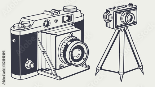 Vintage Folding Camera and Tripod Camera Line Art Illustration Retro Photography Equipment for Classic Design Media and History