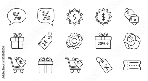 Essential outline ecommerce icons related to retail marketing and online shopping transactions on a white background
