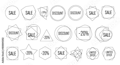 Minimalist geometric outlined promotional badges presented as a versatile icon collection on a pristine white canvas ideal for digital marketing campaigns featuring various discounts and offers