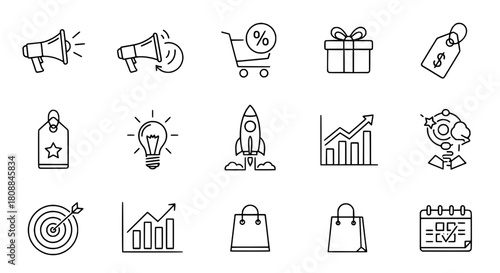 Hand-drawn outline style digital marketing business concept icons collection on a clean white background ideal for web and app design
