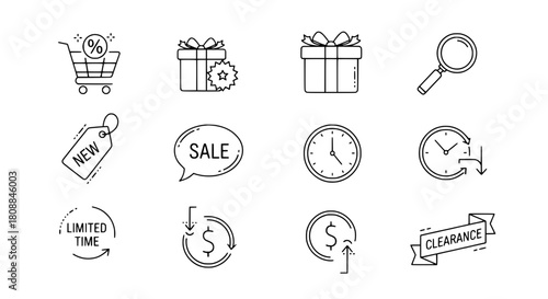 Outline style digital marketing promotion icons representing various retail concepts displayed on a clean white background for e-commerce advertisements