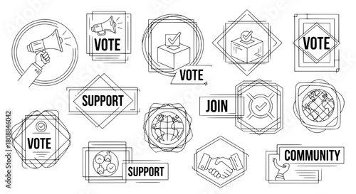 Hand-drawn line art icon collection depicting voting support community and global unity concepts with minimalist design on a white background