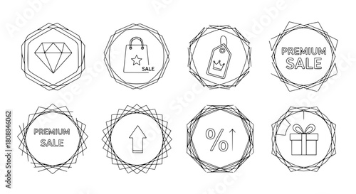 Outline graphic vector line art collection icons depicting marketing retail and business concepts for premium sales and discounts on a clean minimal isolated white background